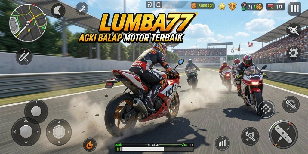 Gameplay seru LUMBA77 dengan motor balap di lintasan.