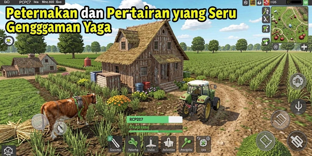 Screenshot utama PCPC7 menampilkan suasana pertanian yang indah dan peternakan aktif.