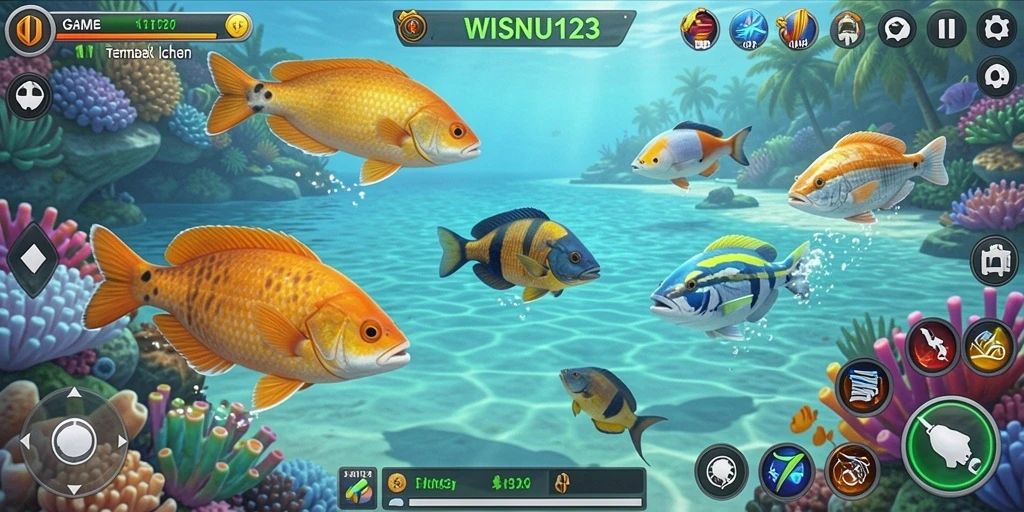Tampilan gameplay WISNU123 yang seru saat menangkap ikan.